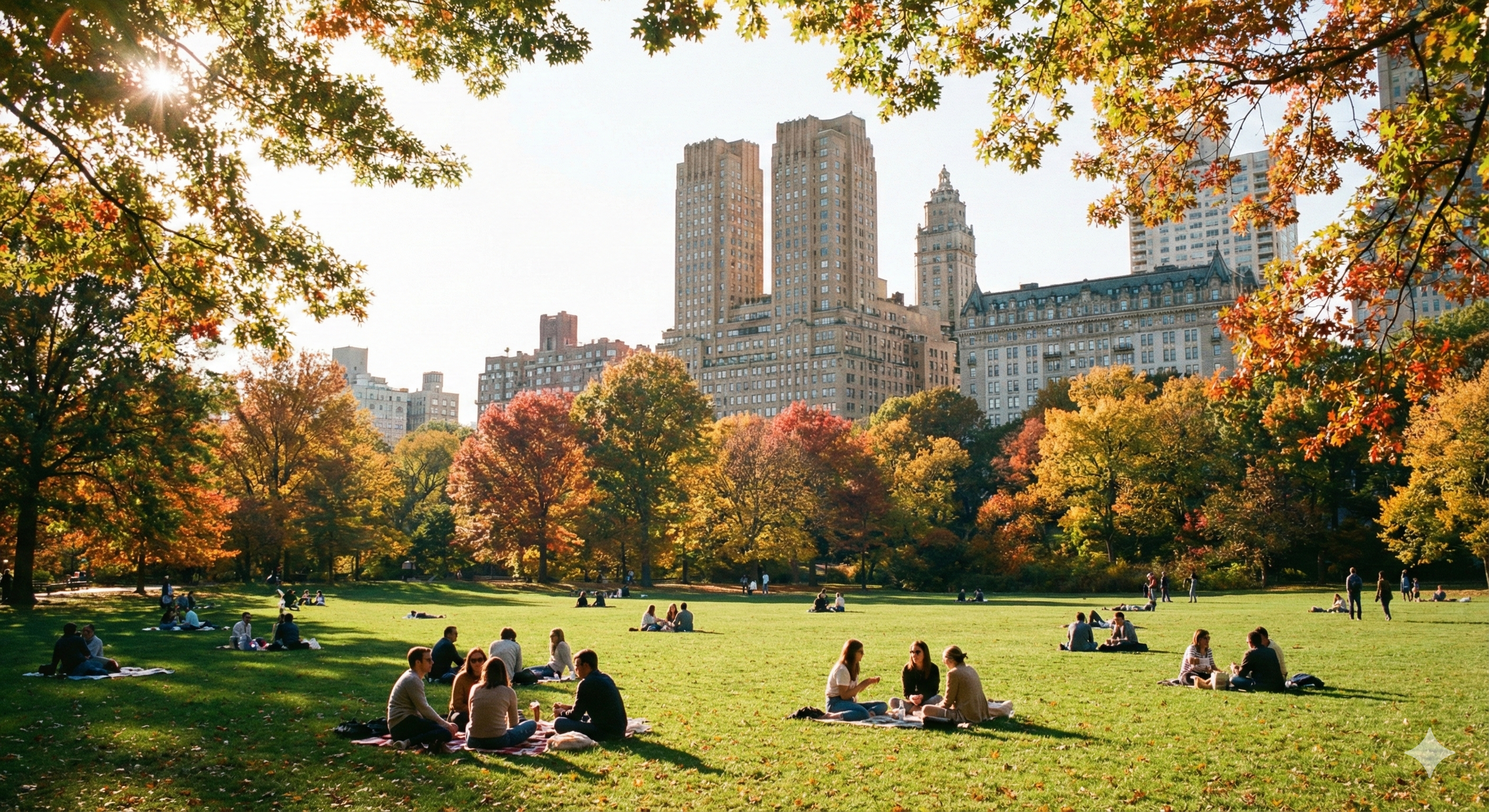Gente paseando en Central Park con rascacielos de fondo